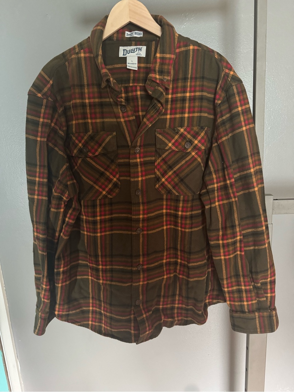 Duluth Trading Co Olive and Red Plaid Button-Down Shirt